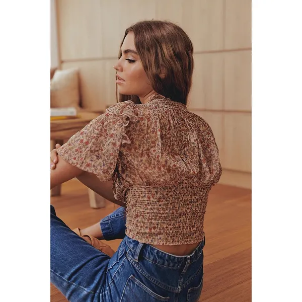 Free People Beatrice Floral Print Brown Lace Up Puff Sleeve Blouse Top Size S - Image 2