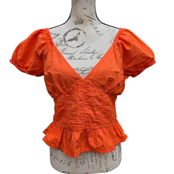 Sim & Sam Paolina Red V-Neck Ruched Peplum Top Open Back Puff Sleeve‎ Cotton XL - Image 3