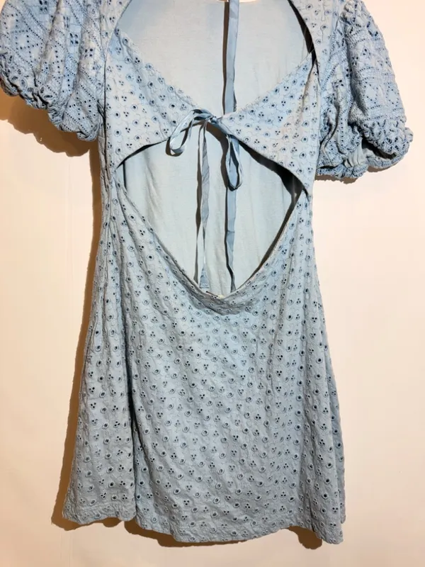 Free People Apricot Rose Sky Blue Puff Sleeve Ruffle Mini Dress Size S - Image 4
