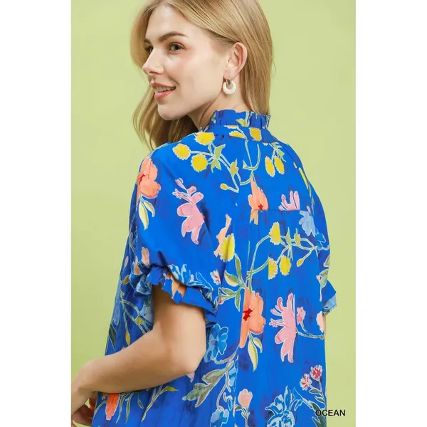 Umgee Floral Ruffle Hem Mini Dress - Ocean - Small - Image 5