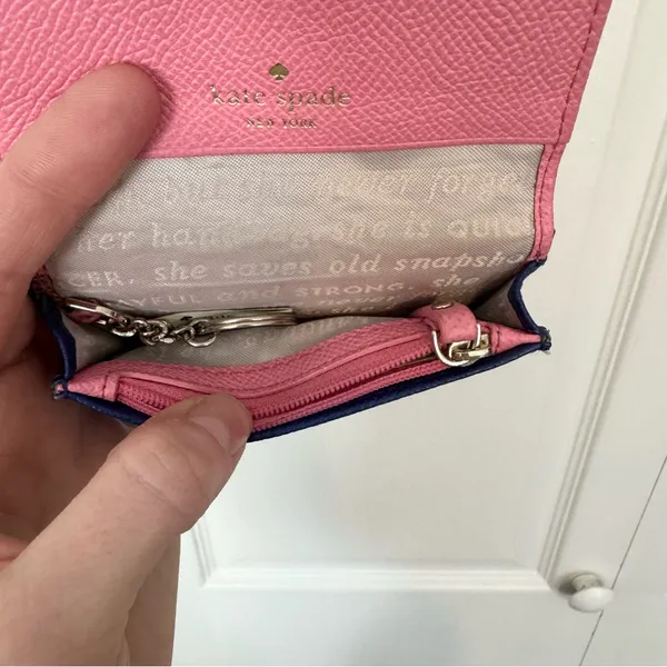 Kate Spade Navy Textured Wallet with Scalloped Edge, Pink interior. - Image 6