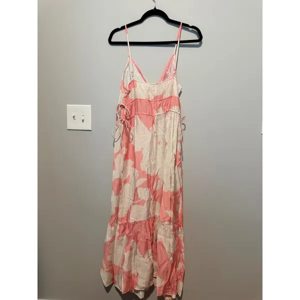 HM Pink Cream Floral Maxi Dress Small V-Neck Side Tie Tiered Ruffle Summer Boho - Image 3