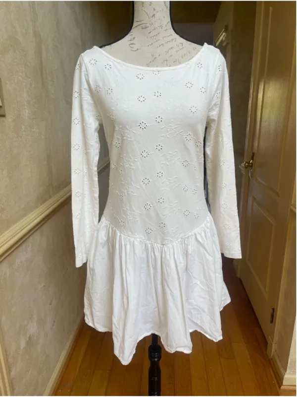 Free People White Eyelet Long Sleeve Drop Waist Mini Dress Sz L/G Romantic Boho - Image 7