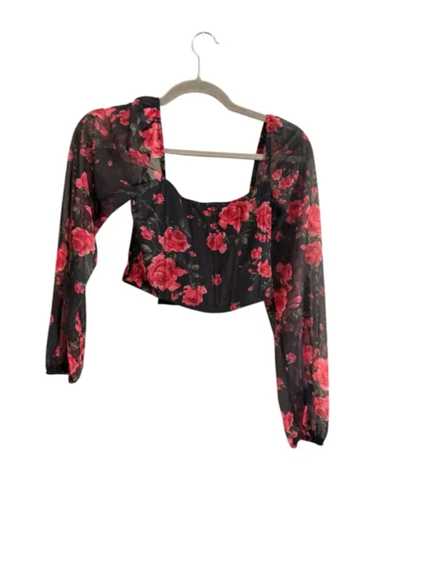 Women's Lulus Black Red Floral Mesh Long Sleeve Crop Top S - Image 2