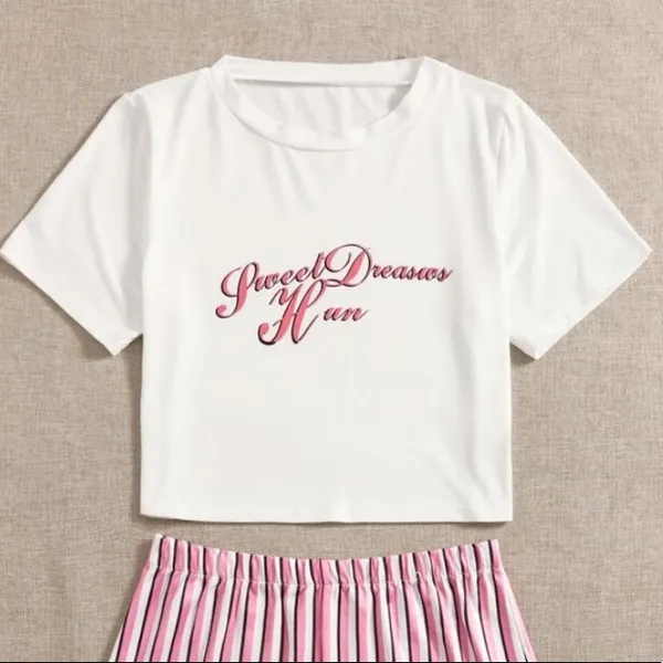 SHEIN Slogan And Stripe Print Pajama Set - Image 3