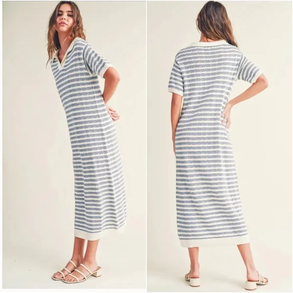 Miou Muse Striped Open Knit Midi‎ Dress Collared Blue/White Size M NEW Nautical - Image 2