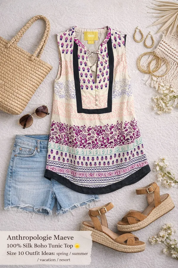 Maeve x Anthropologie Silk Bohemian Mixed Print Tunic Blouse Festival Chic 10 - Image 2