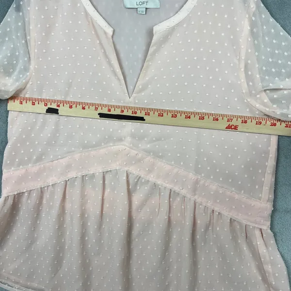 LOFT Women Sz Medium Pale‎ Pink Clip Dot V-Neck Peplum Blouse Sheer Long Sleeve - Image 4