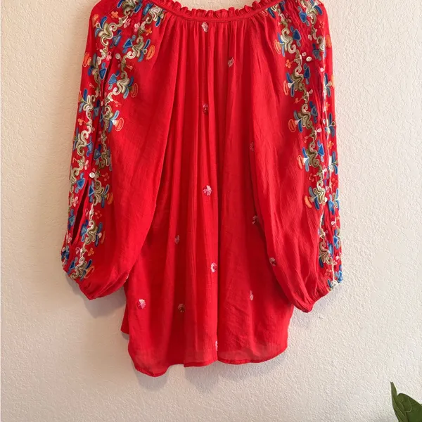 Fig & Flower Anthropologie Red Boho Embroidered Floral Peasant Blouse Womens 2X - Image 4