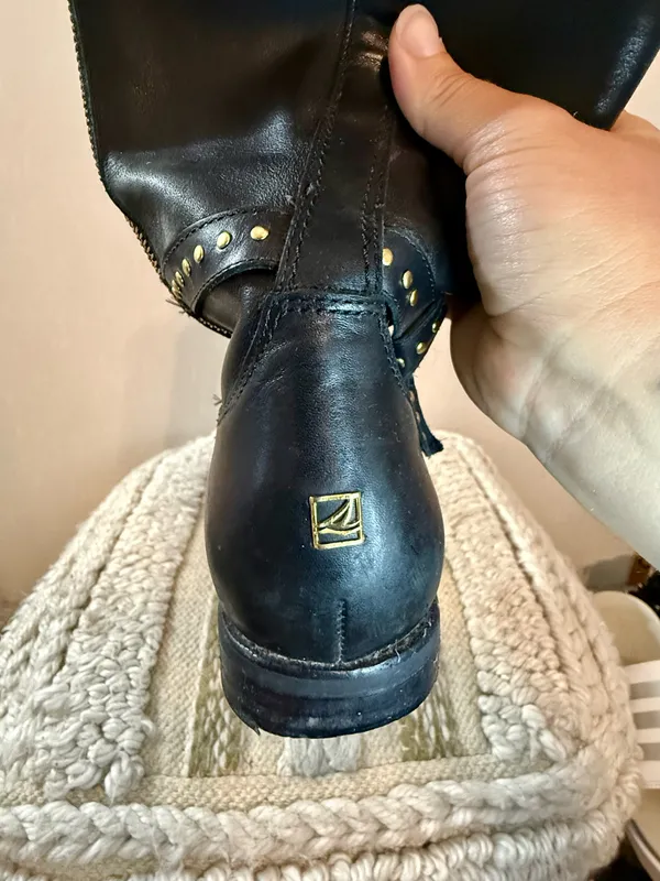Sperry Top-Sider Black Leather Tall Riding Boots Gold Studded Size 10M - Image 4
