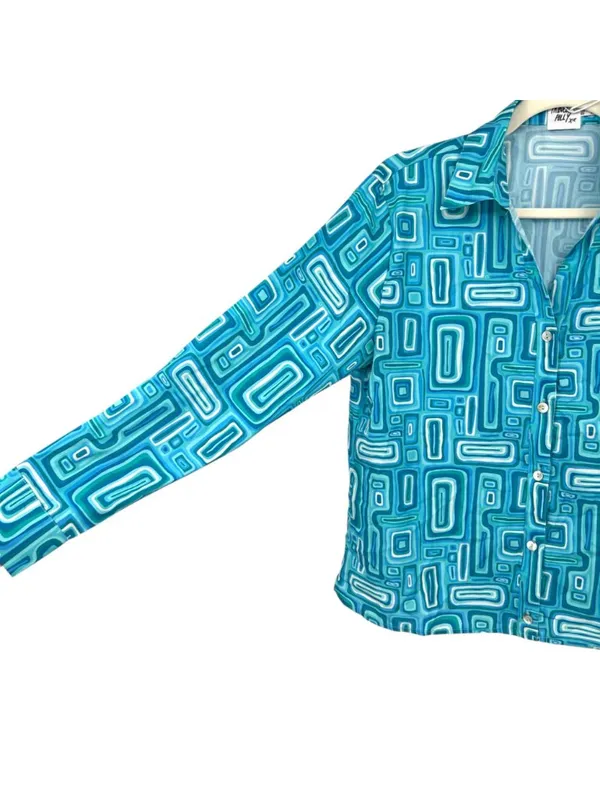 Princess Polly Electric Vibe Retro Blue Geometric Button-Up Shirt Size 4 NWT - Image 4