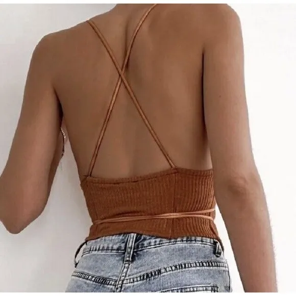 Women's‎ Vintage Style Bandage Lace-Up Crop Top Backless Cami Brown Size S New - Image 2