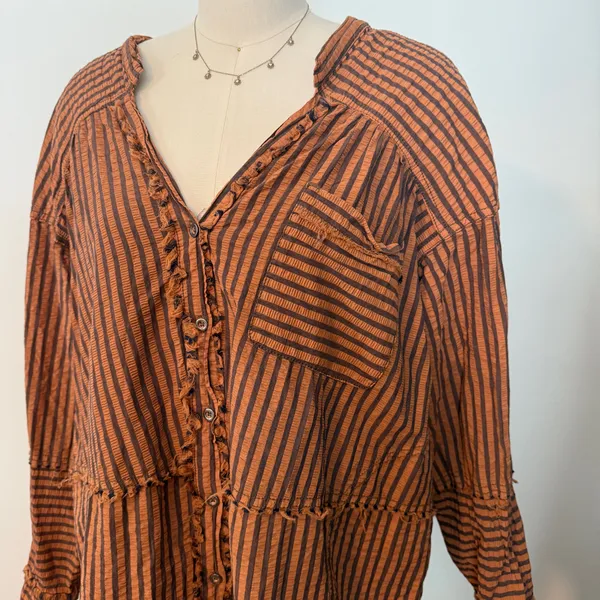 Free People Brown Striped Tunic Buttondown Top - Image 4