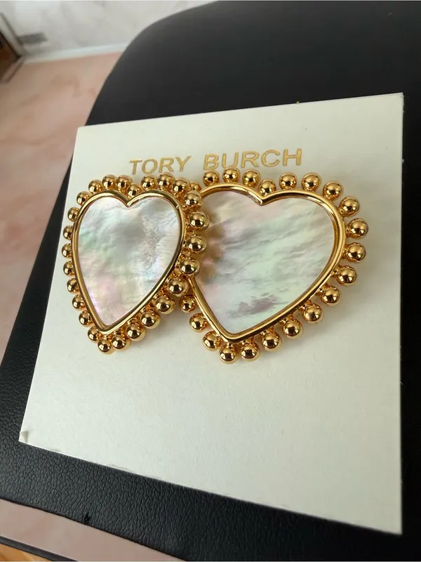 Tory Burch | Gold Plated Mother-of-Pearl Heart Earrings | Medium/Large - Image 3