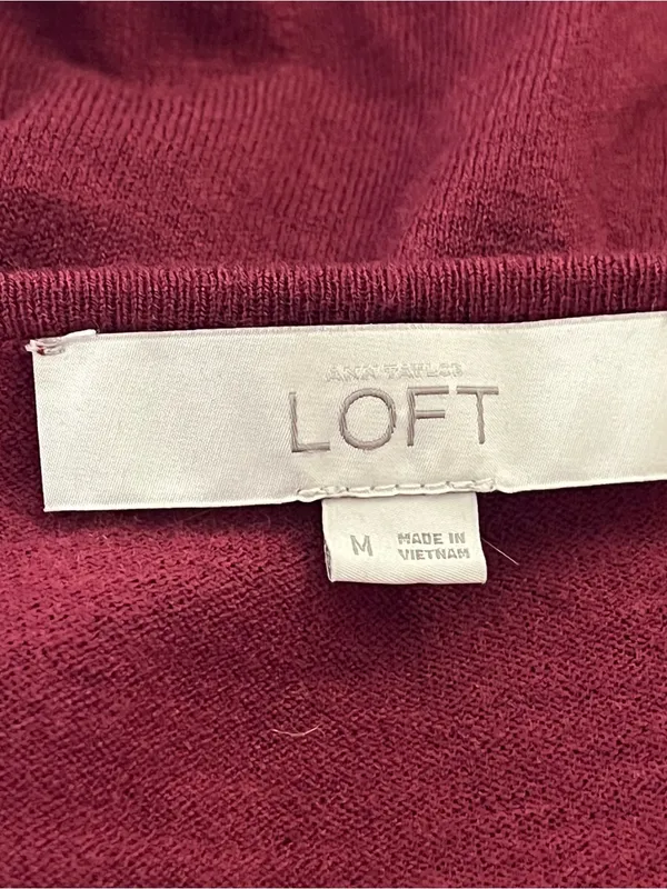 LOFT Boho Knit Top Tie Neck Ribbed Crochet Trim Burgundy M - Image 4
