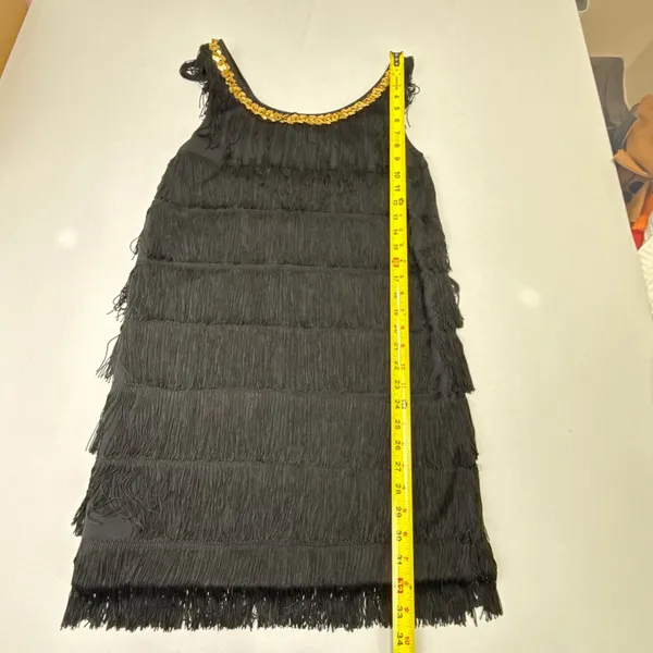 Women's Black Flapper Dress with Gold Sequin Neck Trim and Tiered Fringe - Image 4