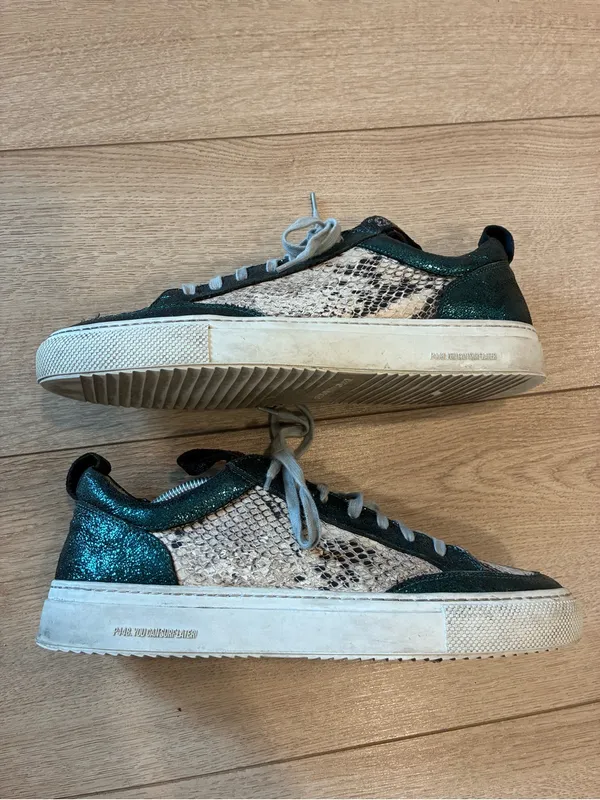 P448 Women’s John Sneakers Snakeskin Leather Teal Glitter Size 40/9.5-10 - Image 2