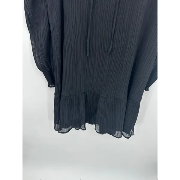 Loft Pleated Tie Neck Dress Womens Medium‎ Black Long Sleeve Knee Length BW18 - Image 4