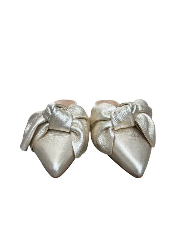 REBECCA MINKOFF Metallic Gold Leather Mules Modern Glam Pointed Toe Knot Bow 7M - Image 7