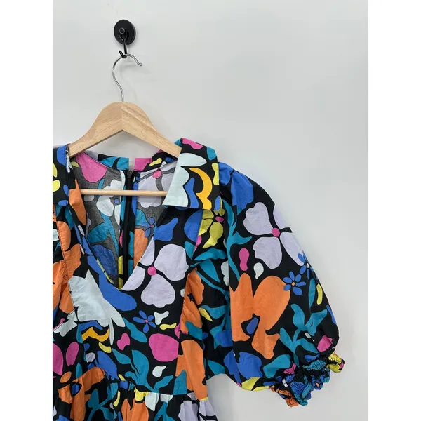 Floral‎ Maximalist Mini Dress Women Sz L Collar Bright Summer Puff Cotton - Image 5