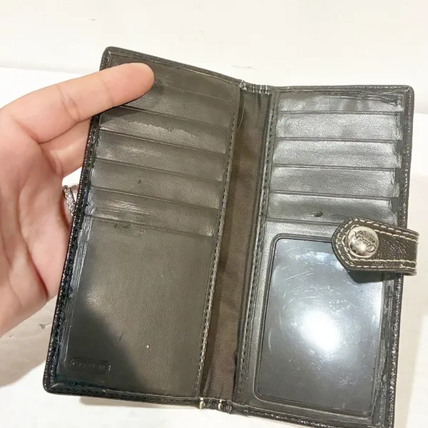 Coach Brown Signature Bifold Snap Wallet Y2K VTG Leather ID window 10 Card Slots - Image 3