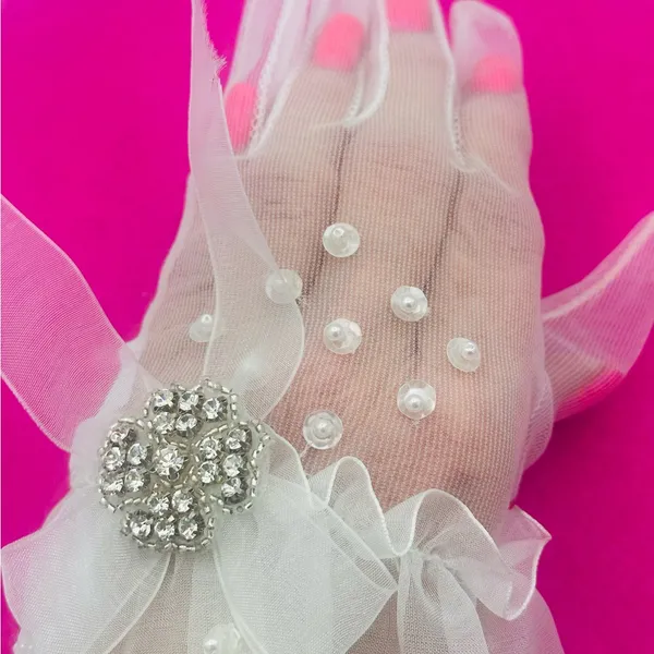Vintage Bridal Gloves Ruffle & Faux Pearls - Image 4