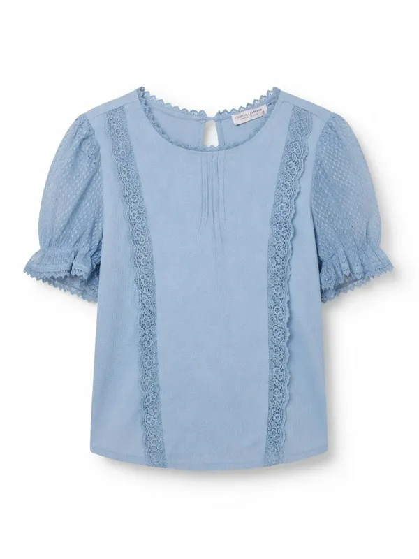 COOKIES CLOTHING Light Blue Lace Trim Swiss Dot Sheer Puff Sleeve Blouse - Image 3