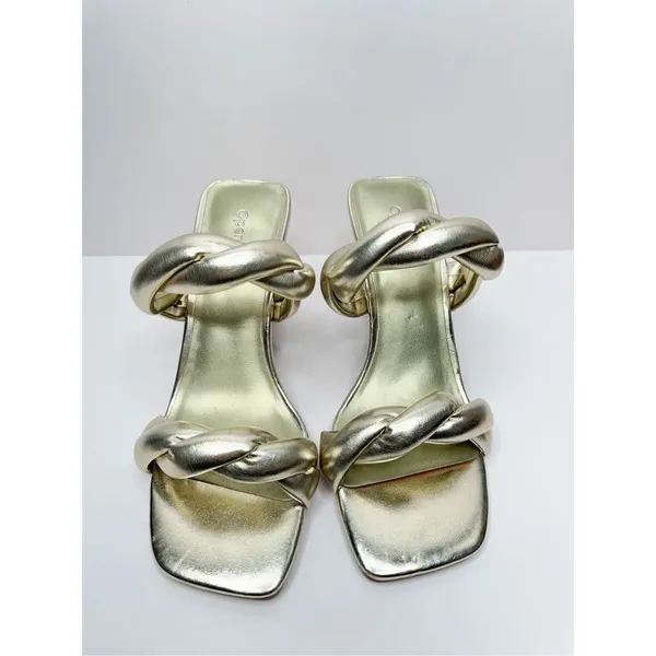 Open Edit Sandals Womens Size 6.5 Gold Braided Double Strap Slip On Heels‎ - Image 3