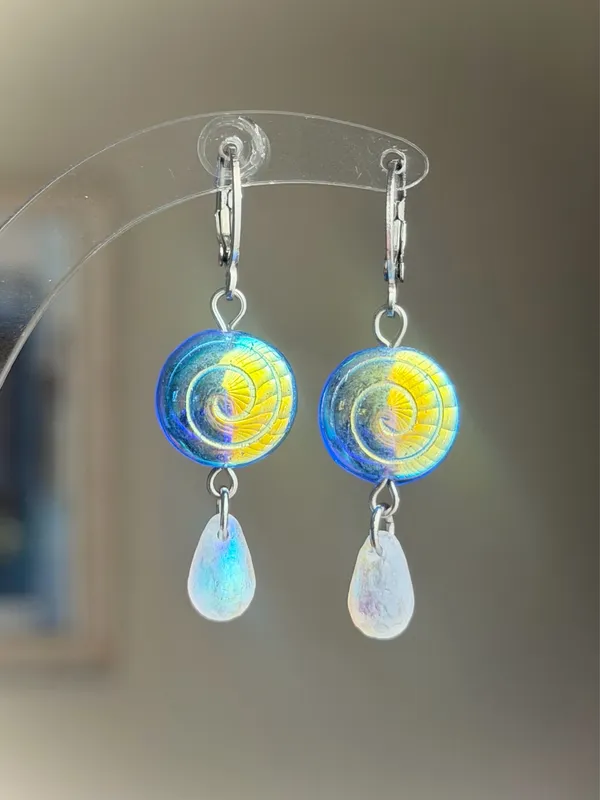 Handmade quality Czech glass beads snail shell & teardrops dangle earrings 🌀 - Image 2