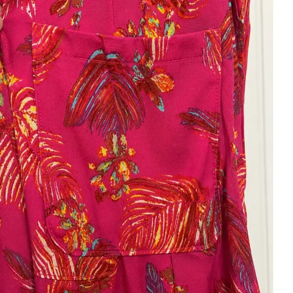 Free People Hot Tropics Jumpsuit Pink Palm Print Wide Leg Tie Front Boho Size 4 - Image 4
