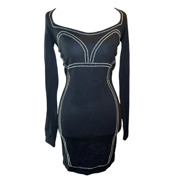 Say What Y2K Black Rhinestone Bodycon Mini Dress Long‎ Sleeve S NWOT - Image 3
