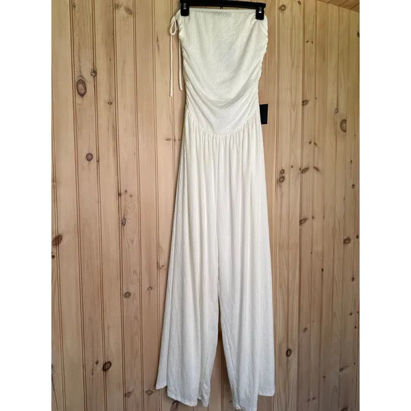 NWT Lulus Halloran White Pointelle Strapless Wide-Leg Jumpsuit Classy Party Sz L - Image 2