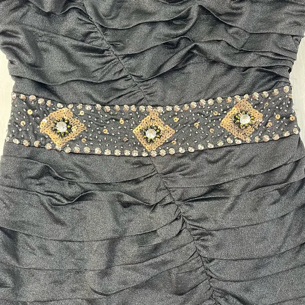 Nikibiki Black Strapless Ruched Gold Rhinestone Bling Bodycon Mini Dress Size M - Image 3