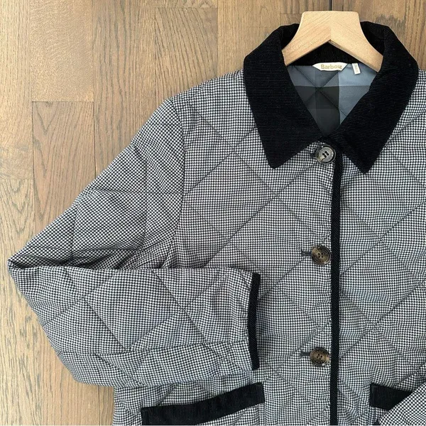 Barbour Orelia Quilted Houndstooth Printed Chore Jacket in Black and Tan US 10/M - Image 5
