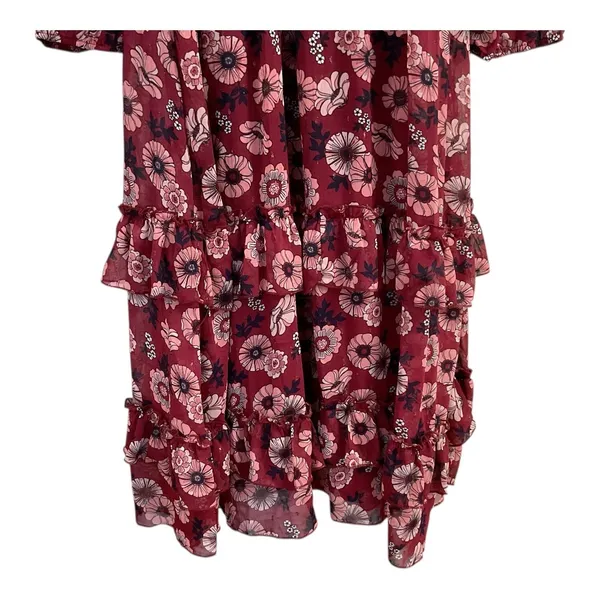 Teens Burgundy Floral Print Square Neck Long Sleeve‎ Tiered Ruffle Midi Dress 16 - Image 6