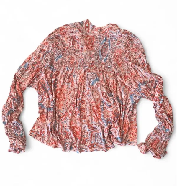 Free People Vista Dreams Top Printed Smocked Long Sleeve V Neck Blouse Tie M - Image 5