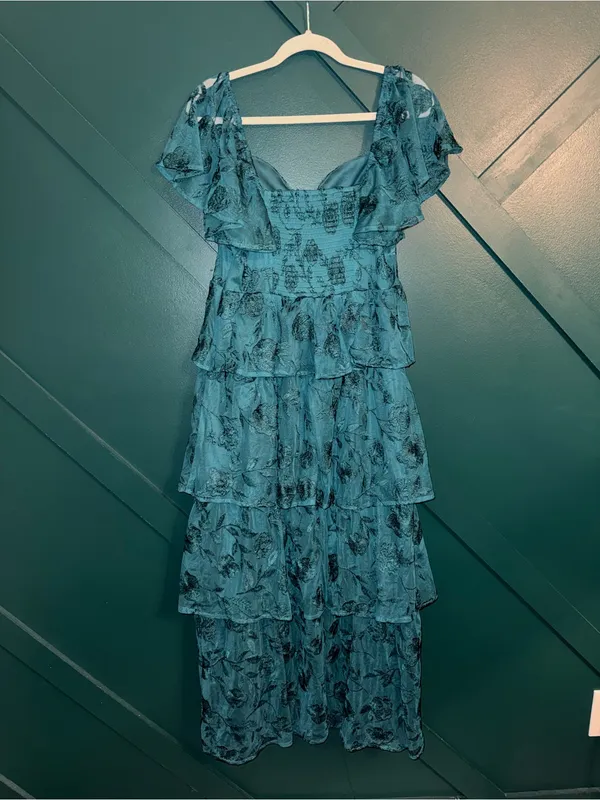 Altar'd State Roxanne Teal Green Floral Lace Layered Maxi Dress - Image 3