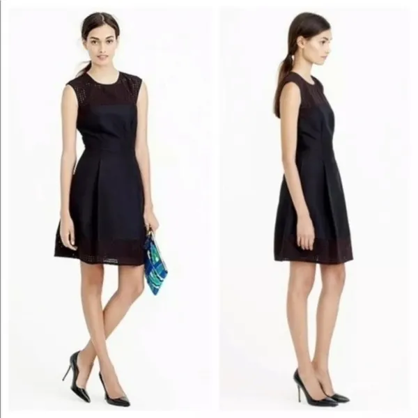 J.Crew Black Eyelet Laser Cut Cotton Silk Fit & Flare Dress 8T - Image 2