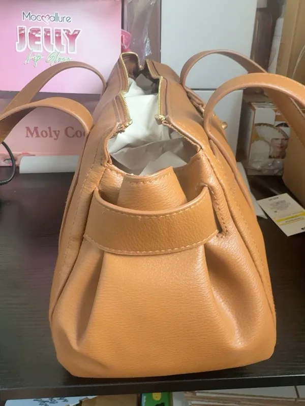 Tan Faux Leather Barrel Tote Shoulder Bag Structured Zip Top - Image 5