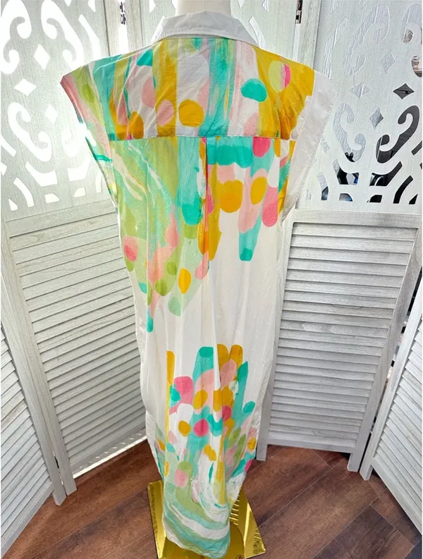 Maeve Sleeveless White Button-Front Dress with Multicolor Watercolor Print size Large - Image 9