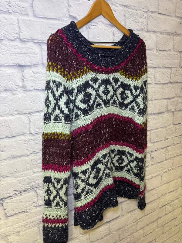 Free People Reed Fair Isle Print Chunk Knit Sweater Wool Linen Alpaca Medium - Image 15