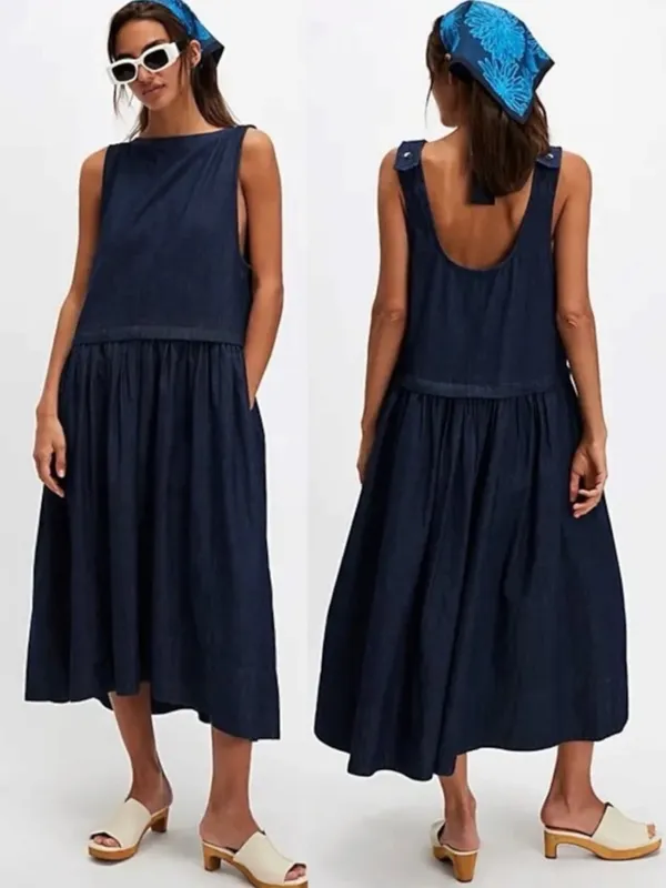 Free People Retro 90s Soraya Dark Denim Drop Waist Midi Jumper Dress Size Large - Image 2