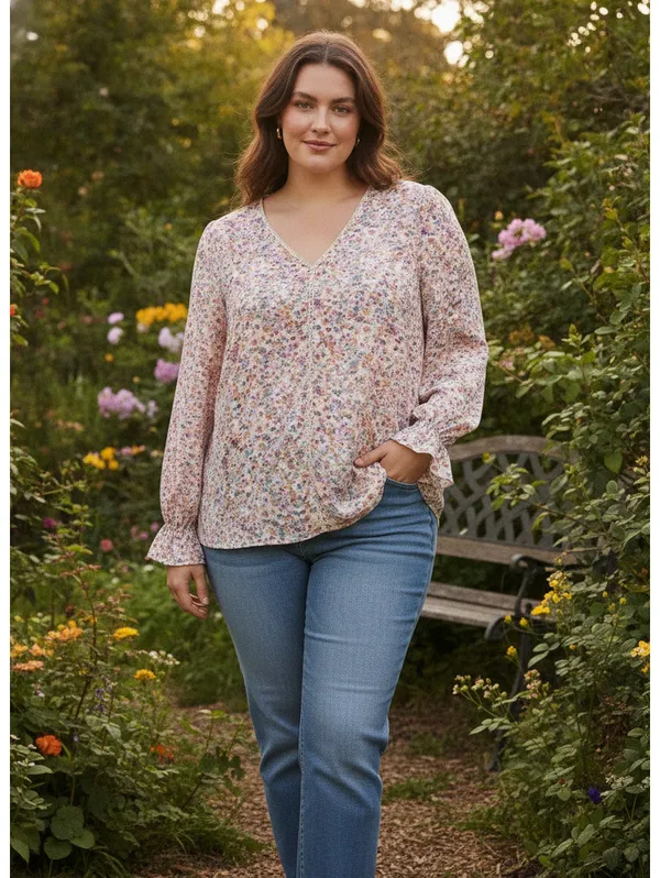 Davi & Dani Ditsy Floral Crochet Trim Blouse, Cream Multi, Plus Size 2XL - Image 7