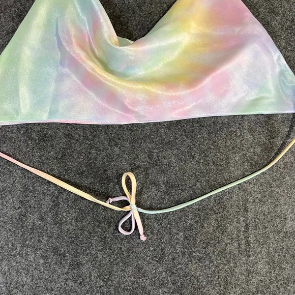 RESA Pastel Rainbow Tie Dye Cowl Neck Halter Top Shimmer Satin XS Made in LA Y2K - Image 3