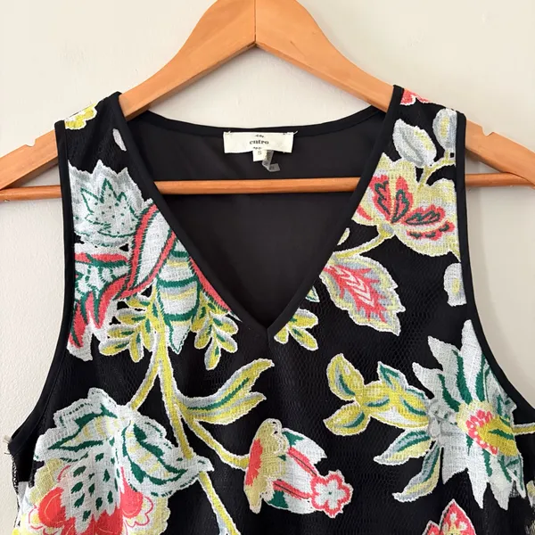 Entro Black Floral‎ Sleeveless Tunic Dress Pom Pom Hem Size S Coastal Preppy - Image 3
