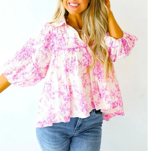 &merci Pink Floral Toile Scalloped Blouse - Image 3