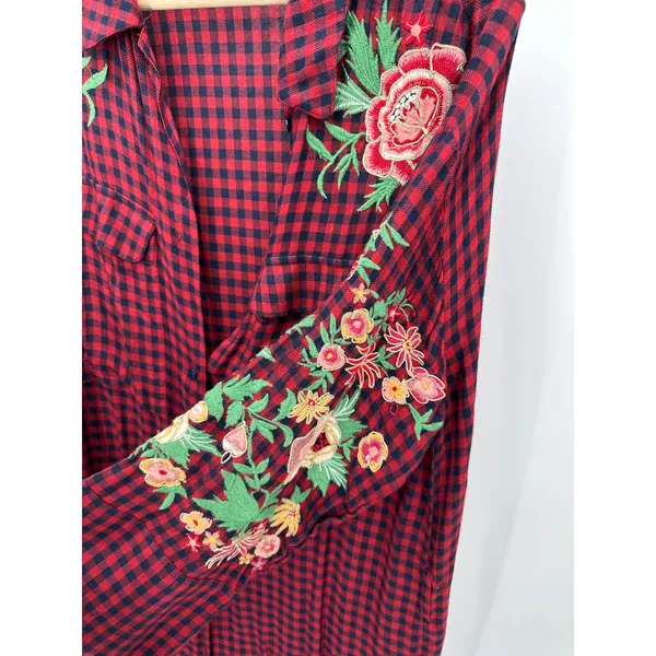 Zara Cardigan Women SMALL Red Navy Blue Plaid Button Front Maxi Dress Duster‎ - Image 8
