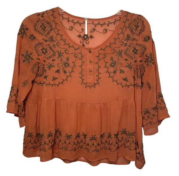 Free People Pennies Sequel Embroidered Peasant Semi-Sheer Blouse Sz M - Image 6