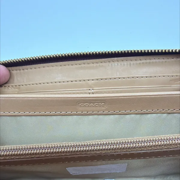 Coach Signature C Accordion Zip Khaki Burgundy Canvas Wallet - Image 7