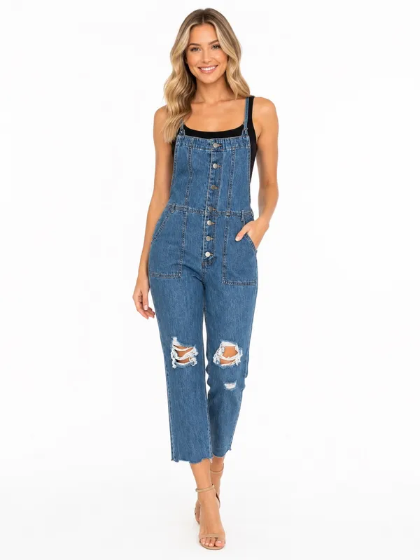 Forever 21 Denim Button Front Distressed Cropped Overalls Jumpsuit M - Image 2